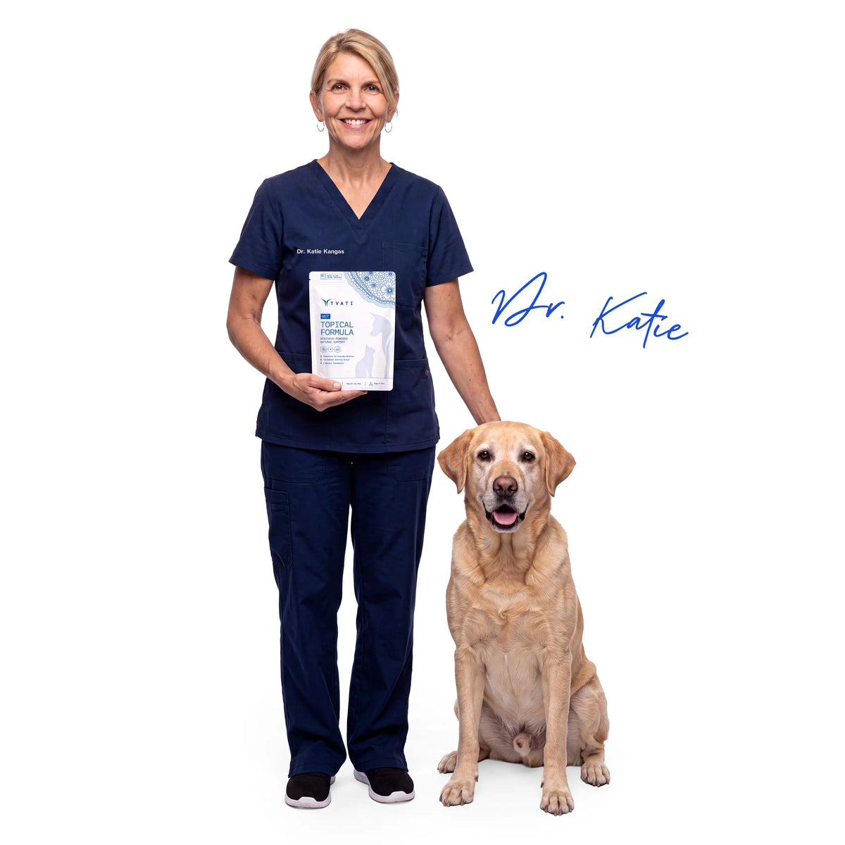Veterinary professional with a dog and Tvati Vet